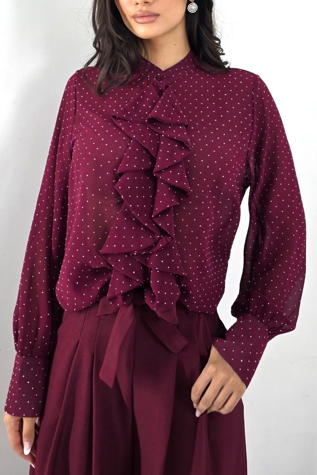 Camasa eleganta de dama Daliah cu volane si buline, Burgundy, Marime S/M - 3 | YEO