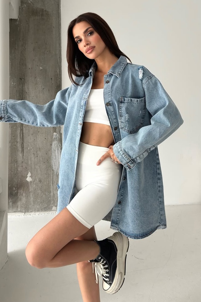Camasa lunga denim perforat Tunik, imprimeu cu grafica realista si cromatica dinamica, HeLLo La BUBU - 1 | YEO