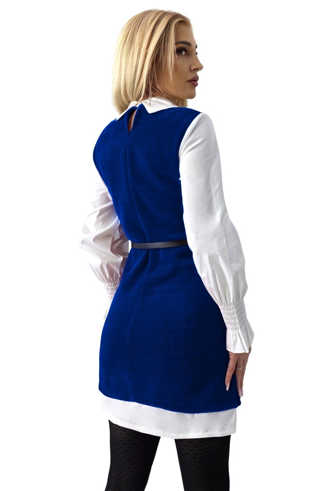 Camasa rochie Iuliana, cu sarafan aplicat si perle aplicate, Albastru, Marime S/M