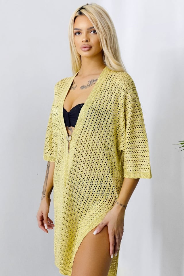 Cardigan clasic Crochet Gold, cu taieturi laterale si brosa, Auriu, Marime S/M/L - 2 | YEO