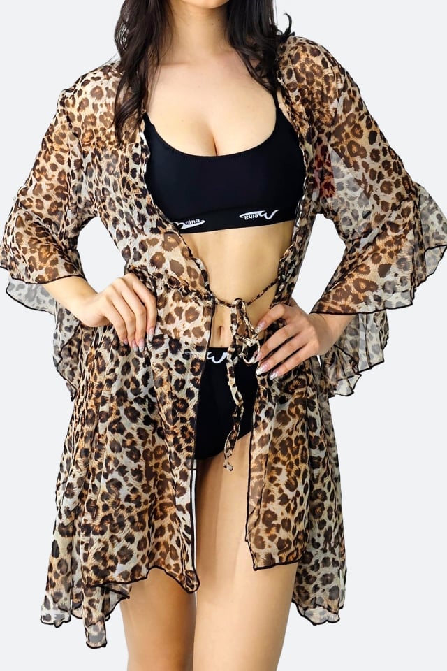 Cardigan scurt de plaja ZyZy, cu maneca evazata si snur in talie, Animal print Leopard - 1 | YEO