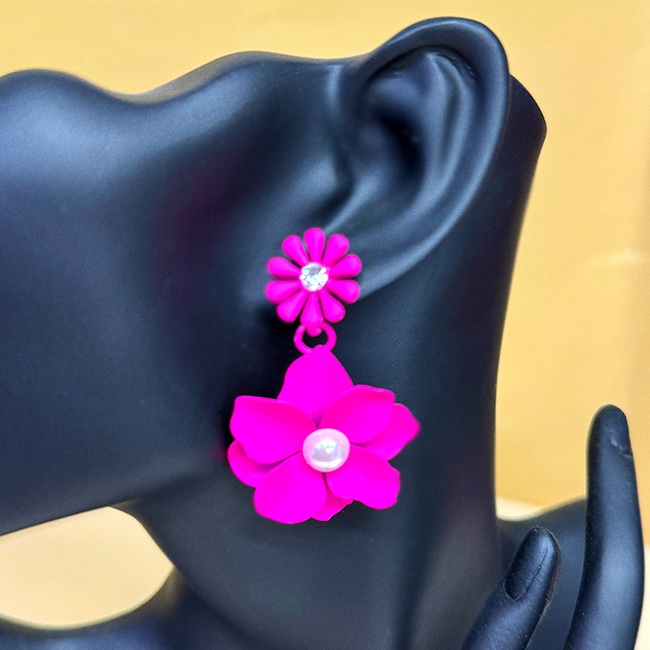 Cercei lungi Theona, design floral, cu tija si pietre artizanale, Fucsia - 1 | YEO