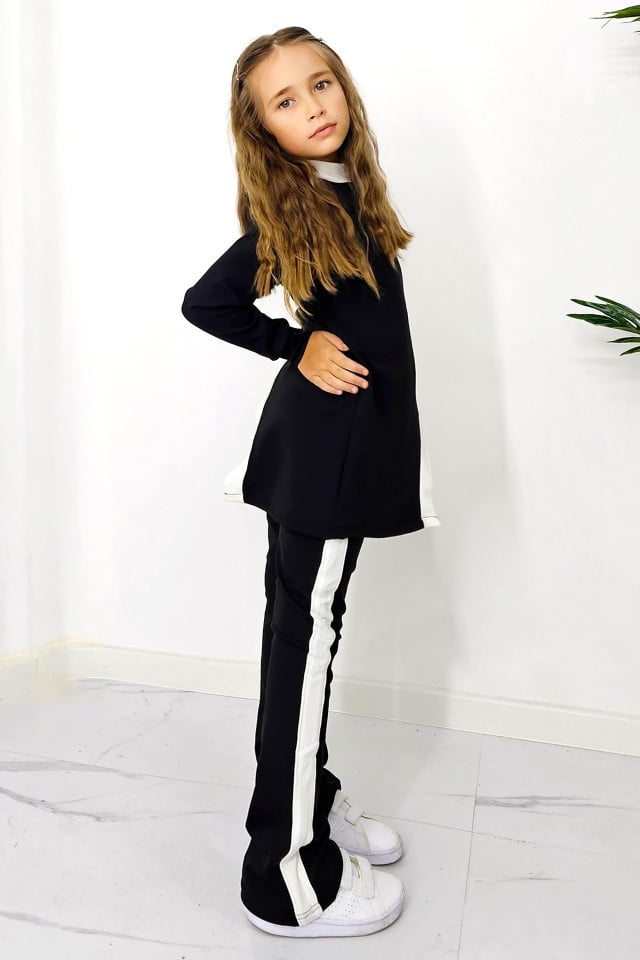 Compleu casual, Agathea Kids, pantaloni tetra evazati si bluza lunga asimetrica, Negru/Alb - 3 | YEO