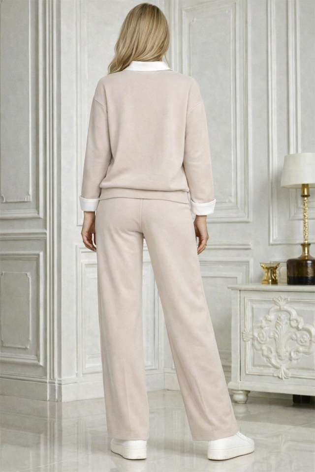 Compleu casual ALYA, cu bluza tip camasa si pantaloni lejeri cu snur, Bej, Marime S/M/L