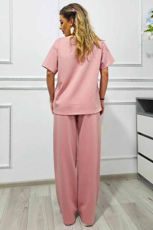 Compleu casual CRYSSA, bluza oversize cu accesoriu in relief si pantaloni lungi, Roz, Marime S/M/L - 1 | YEO
