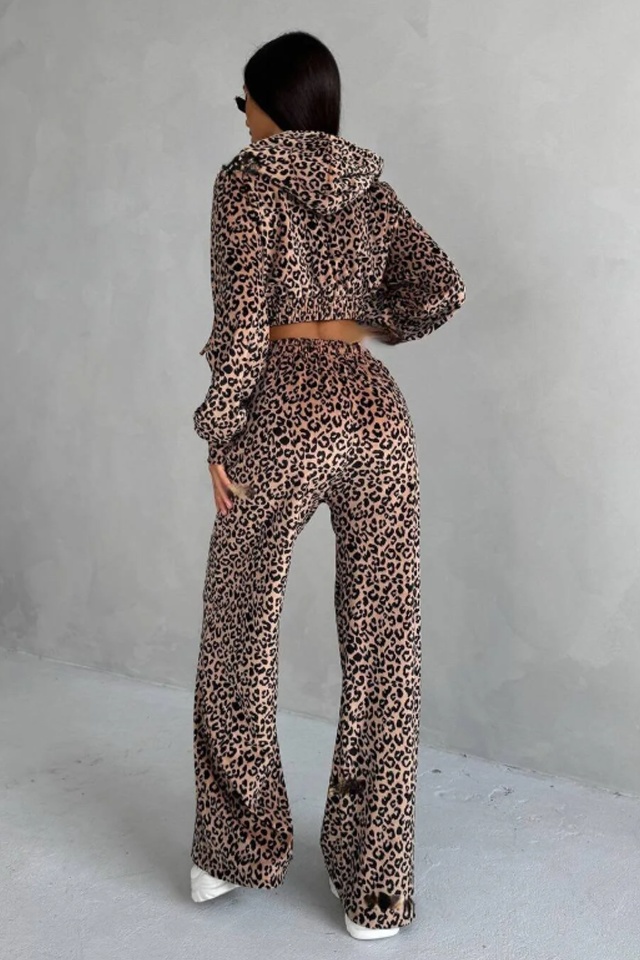 Compleu casual de dama, Savage, pantaloni largi si hanorac cu fermoar, BEJ Leopard