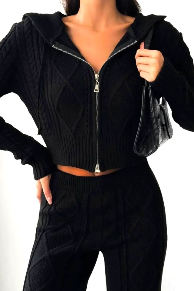 Compleu casual din tricot TOREN, bluza scurta cu fermoar si pantaloni, Negru, Marime S/M - 3 | YEO