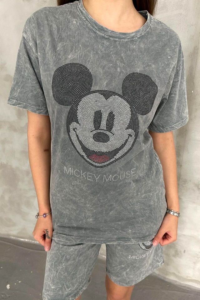 Compleu casual RUDY, pantaloni scurti si tricou cu paiete, Gri Mickey - 1 | YEO