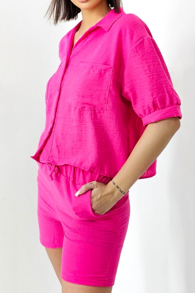 Compleu cu bumbac creponat, Keona, camasa si pantaloni scurti cu snur, Fucsia - 2 | YEO