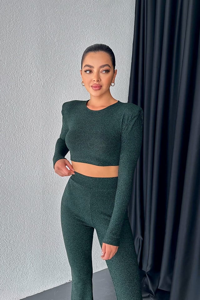 Compleu de ocazie, Vayana, bluza crop cu umeri supradimensionati si pantaloni evazati, Verde - 1 | YEO