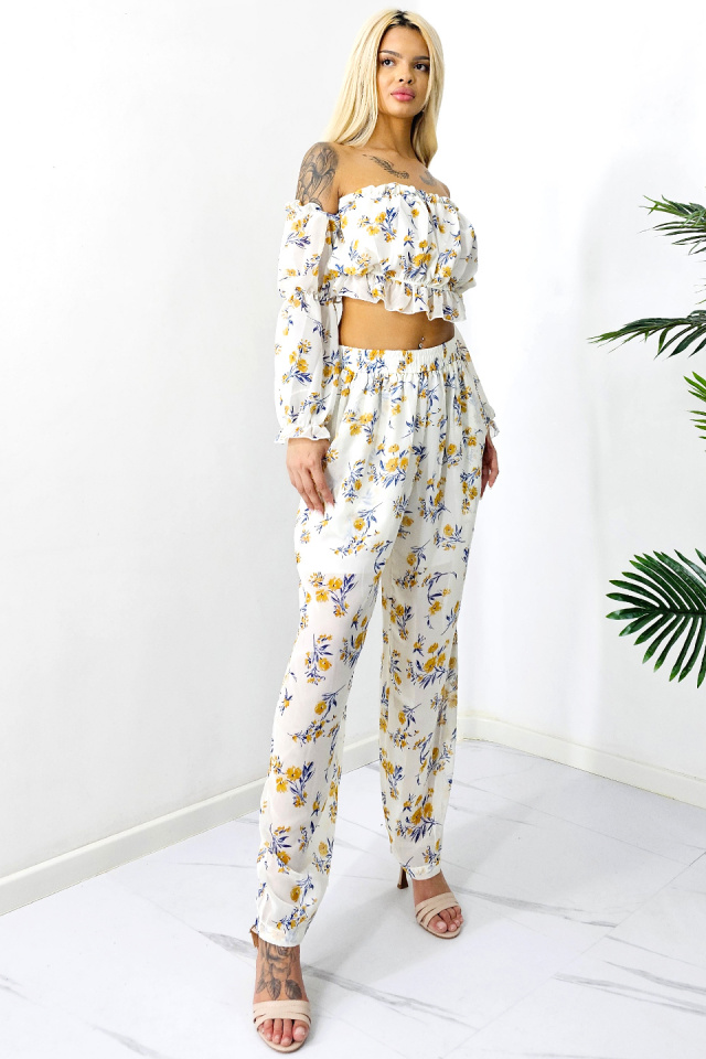 Compleu de vara Bouquet, pantaloni lejeri si camasa cu volane, Alb, Marimea S/M/L - 1 | YEO