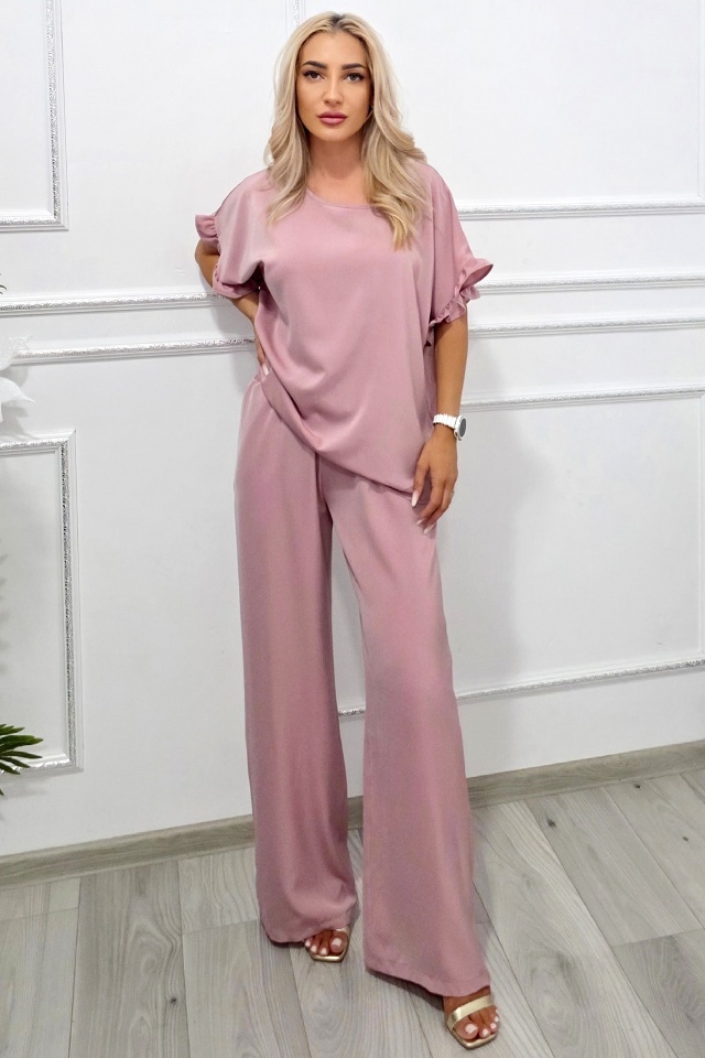 Compleu elegant de vara NORYA, pantaloni lejeri cu bluza si volane, Roz prafuit