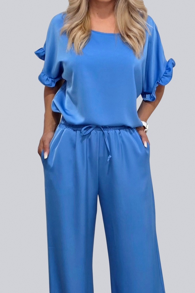 Compleu elegant de vara NORYA, pantaloni lejeri cu bluza si volane, Albastru deschis - 2 | YEO