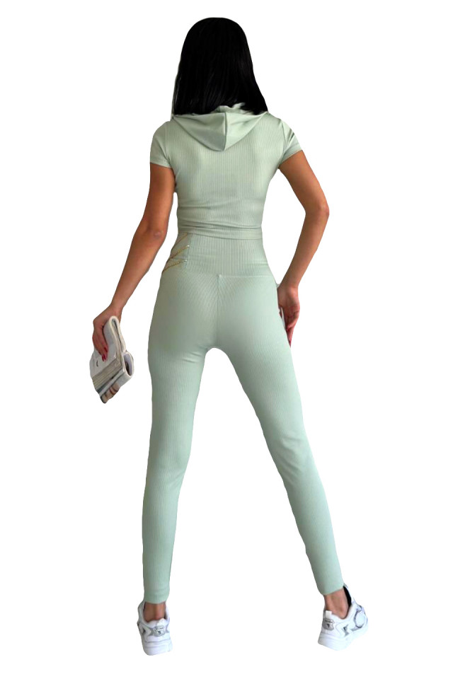 Compleu fitness Timote, bluza cu maneca scurta si colanti cu snururi metalice, Verde deschis