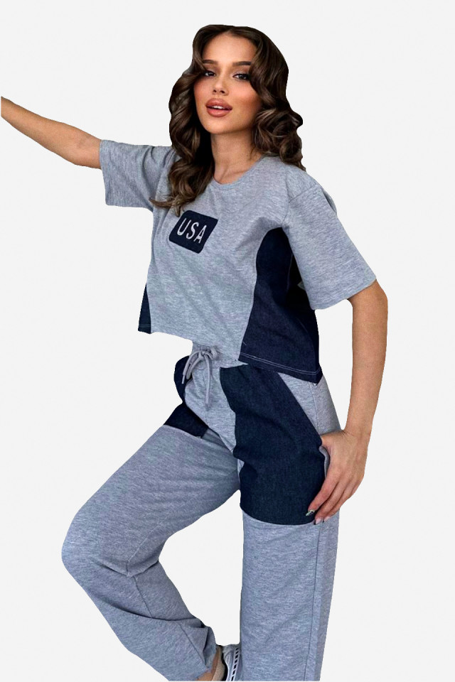 Compleu sport USA Dream, tricou oversize inscriptionat si pantaloni cu panouri denim, Gri