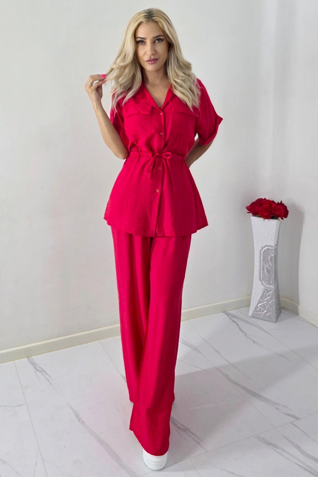 Compleu vascoza casual LUNIA, cu camasa si pantaloni largi, Rosu, Marime S/M