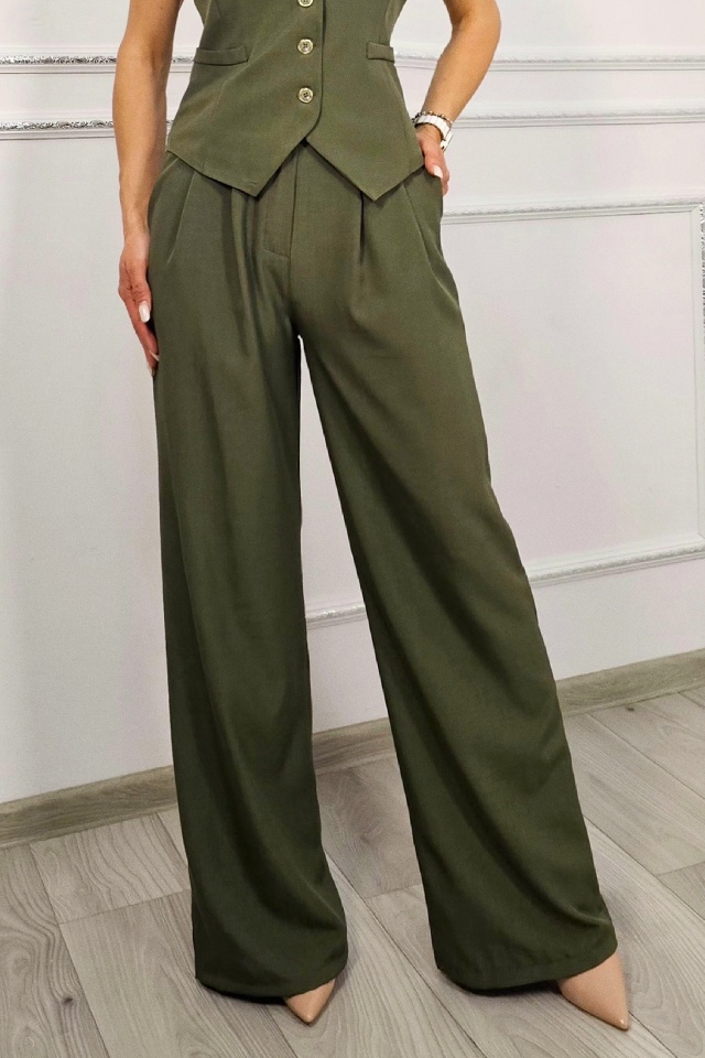 Costum business VORIA, cu pantaloni bufanti si vesta asimetrica, Kaki, Marime S/M - 3 | YEO