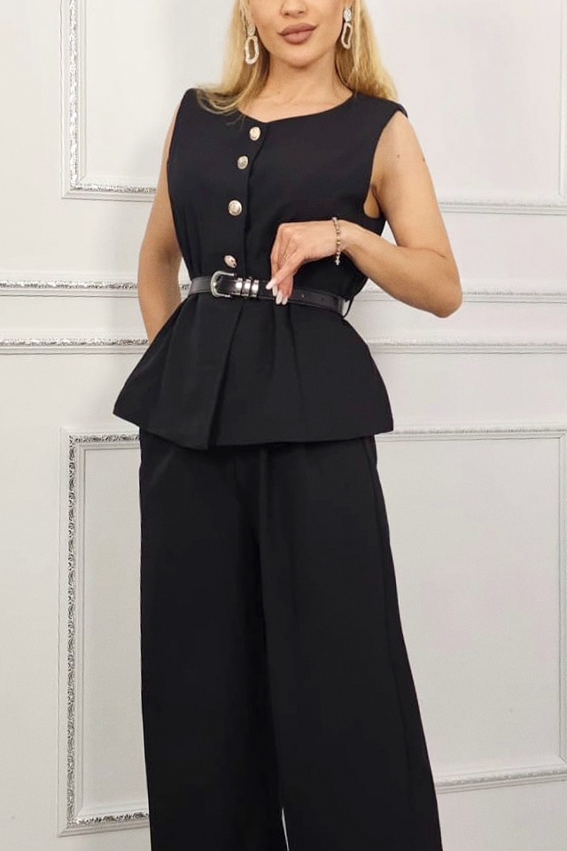 Costum dama office KARMIA, cu vesta, curea si pantaloni largi, Negru, Marime S/M - 2 | YEO
