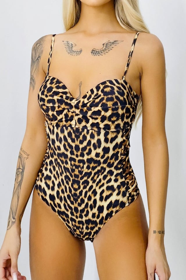 Costum de baie intreg Perlla, detalii cu aspect impletit si cupe buretate, animal print Leopard - 2 | YEO