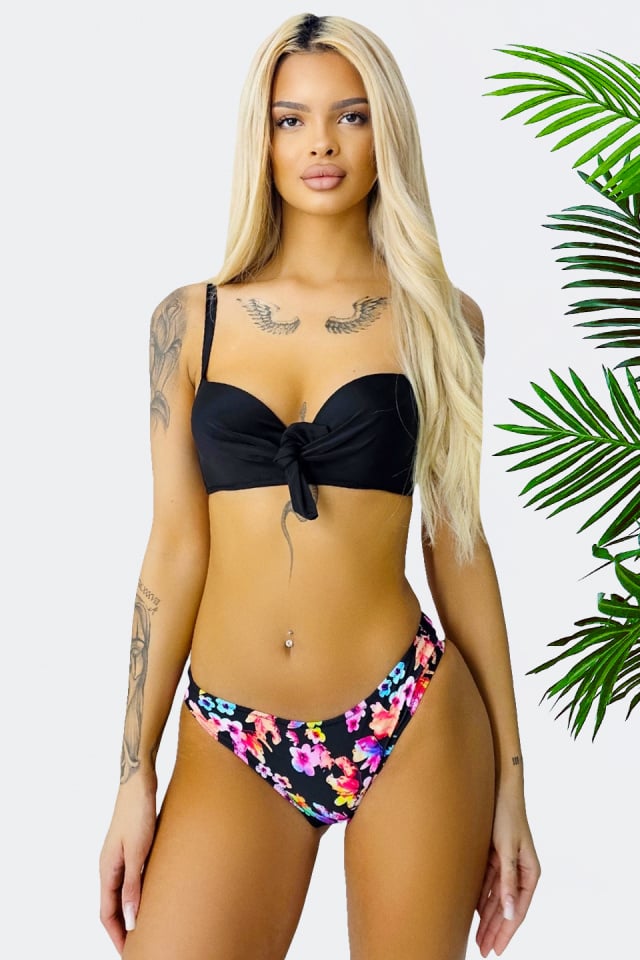 Costum de baie trei piese AiLis, slip brazilian, slip semidecupat si sutien cu push up, Negru