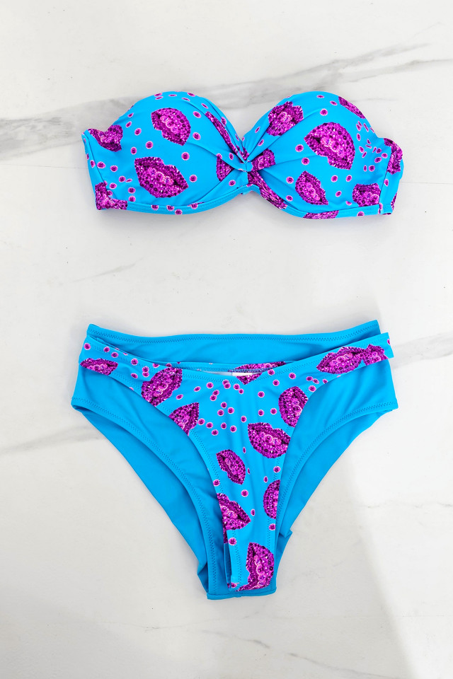 Costum de baie trei piese Maggie, imprimeu abstract si sutien cu push up, Albastru - 2 | YEO