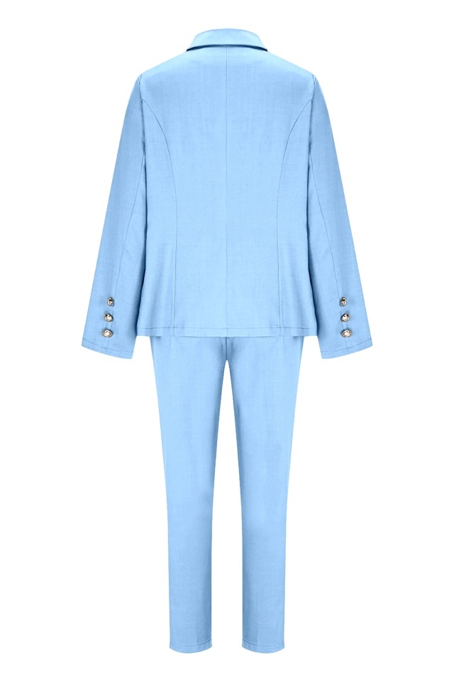 Costum elegant office Paolina, sacou, butoni aurii si pantaloni conici, Blue