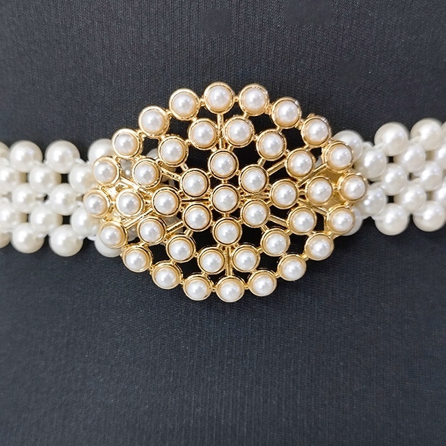 Curea elastica din perle Pearly B, cu catarama metalica decorativa, Gold Ovalyn - 3 | YEO