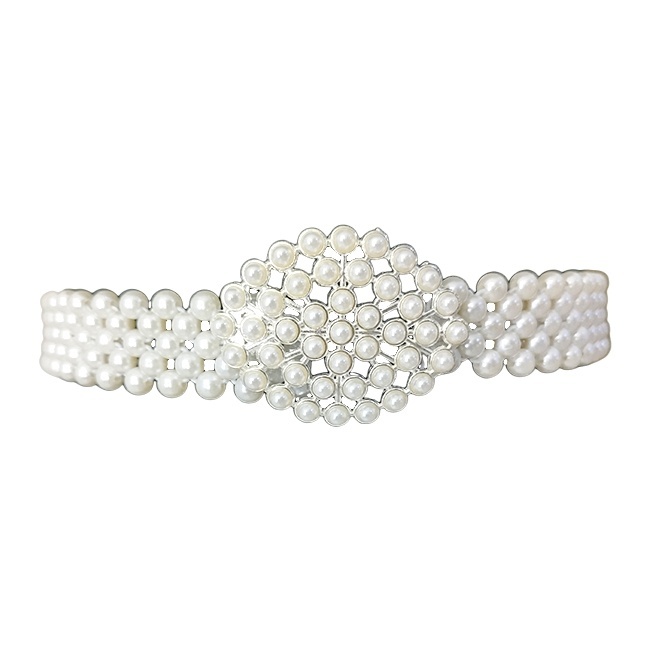 Curea elastica din perle Pearly B, cu catarama metalica decorativa, Ovalyn Alb - 3 | YEO