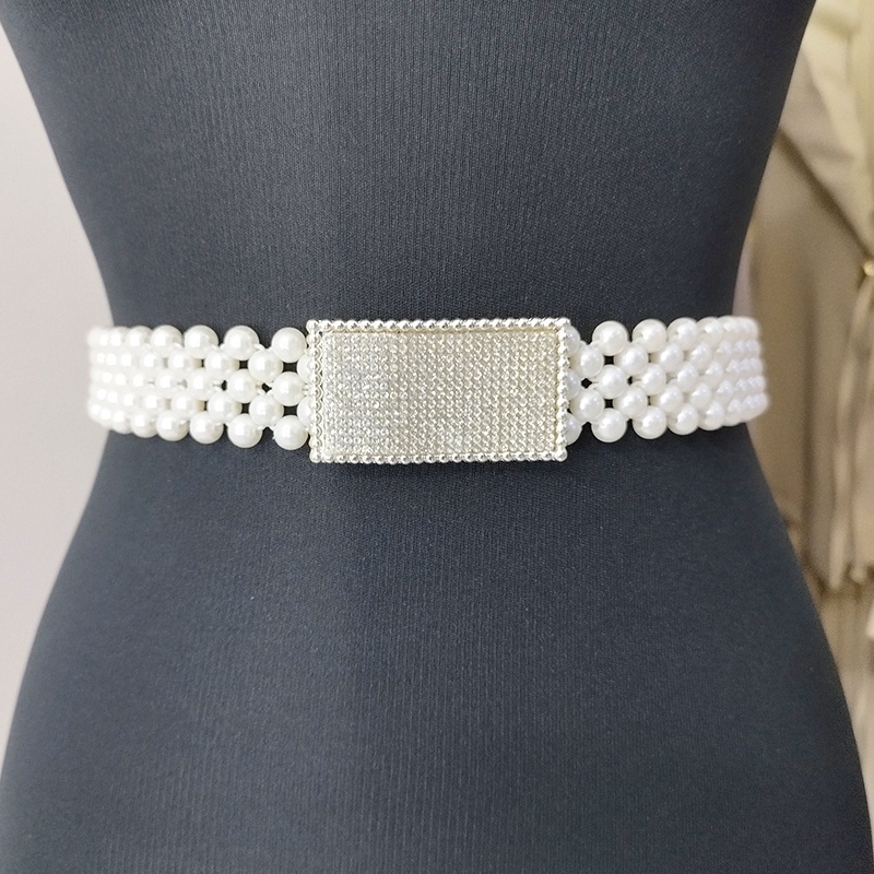 Curea elastica din perle Pearly B, cu catarama metalica decorativa, Silver Frame - 1 | YEO