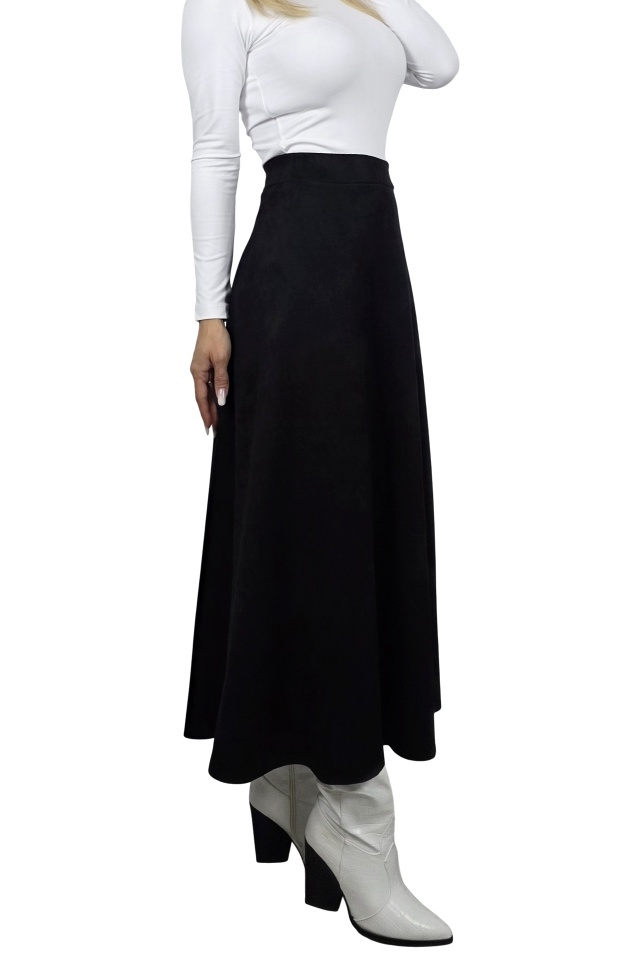Fusta lunga catifea Tiziana, cu pliuri si croi elegant, Negru