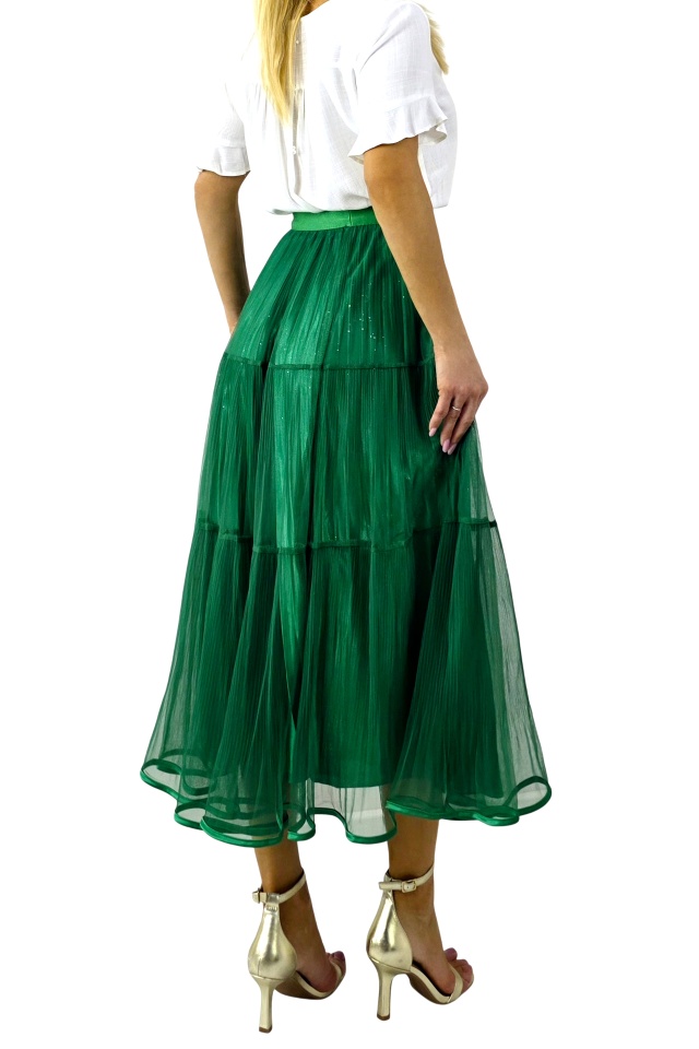 Fusta lunga cu doua fețe, LUNA, aspect plisat si tull, VERDE, Marime S/M/L