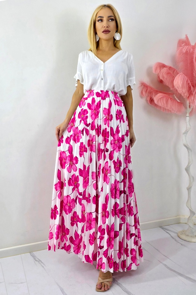 Fusta lunga de vara, plisata ALVINA cu imprimeu floral, Fucsia, Marime S/M