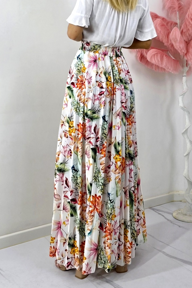 Fusta lunga de vara, plisata ALVINA cu imprimeu floral, Orange, Marime S/M