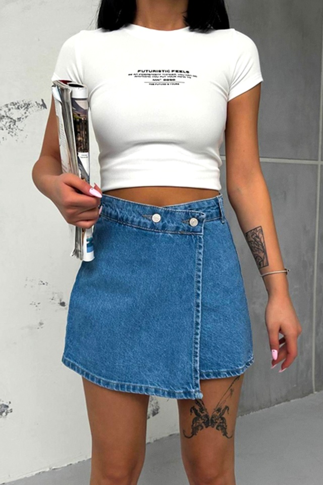 Fusta pantaloni scurti denim SARAY, cu aspect petrecut si nasturi asimetrici, Albastru