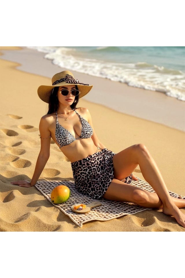 Fusta scurta de plaja tip Sarong, cu prindere laterala, Animal Print Leopard - 2 | YEO