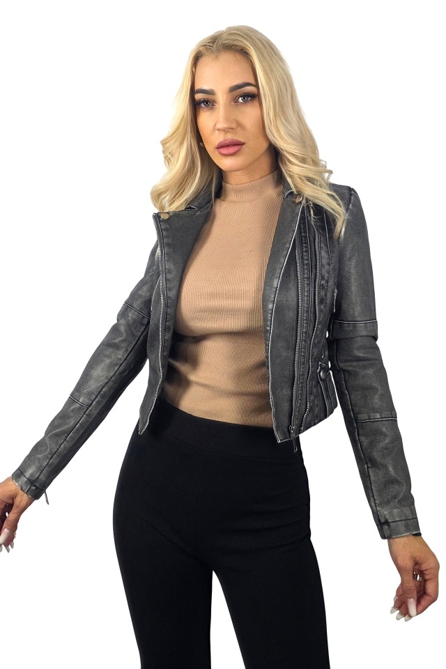 Geaca din piele ecologica VERRO, model biker cu inchidere laterala, GRI