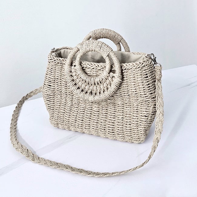 Geanta de plaja STRAW, crossbody, cu husa si lant detasabil, Crem