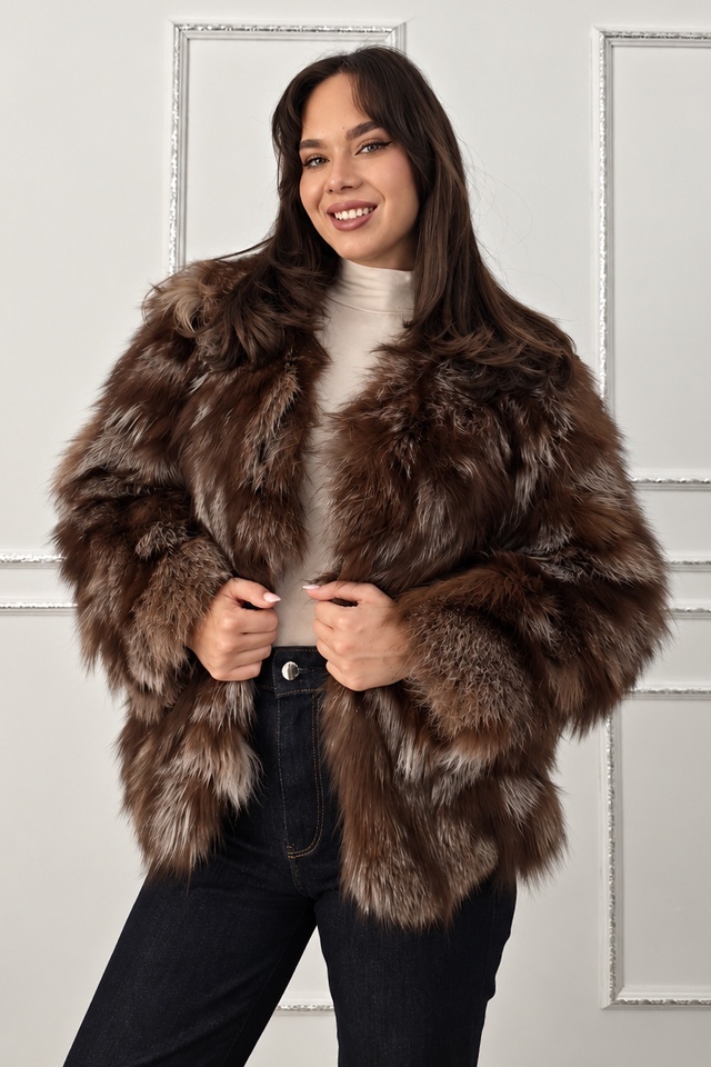Haina dama FELYNA din blana naturala de vulpe, cu captuseala satinata, Negru-Maro, Marime universala S/M/L — imaginea 6