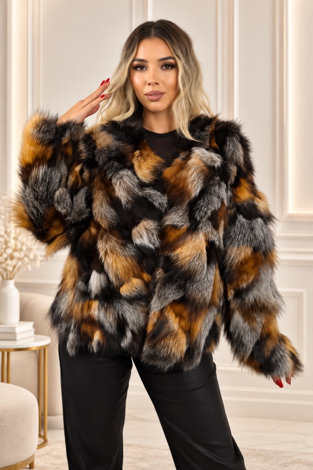 Haina de dama din blana naturala de vulpe FELYNA, croi mediu, Bej/Gri, Marime S/M/L — imaginea 4
