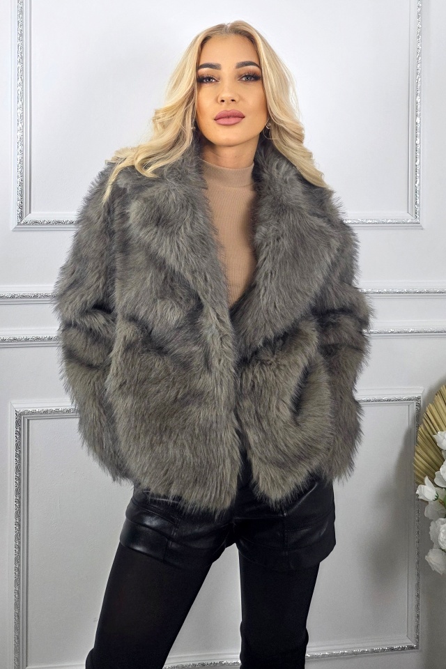 Haina scurta de dama Kasmina, din blana ecologica, cu buzunare, Gri, Marime S/M - 3 | YEO