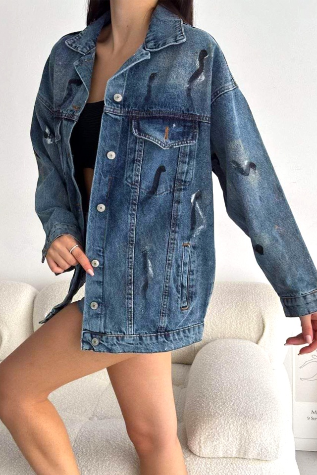 Jacheta dama Graphic Denim, aspect vopsit si imprimeu realist, Albastru inchis - 2 | YEO