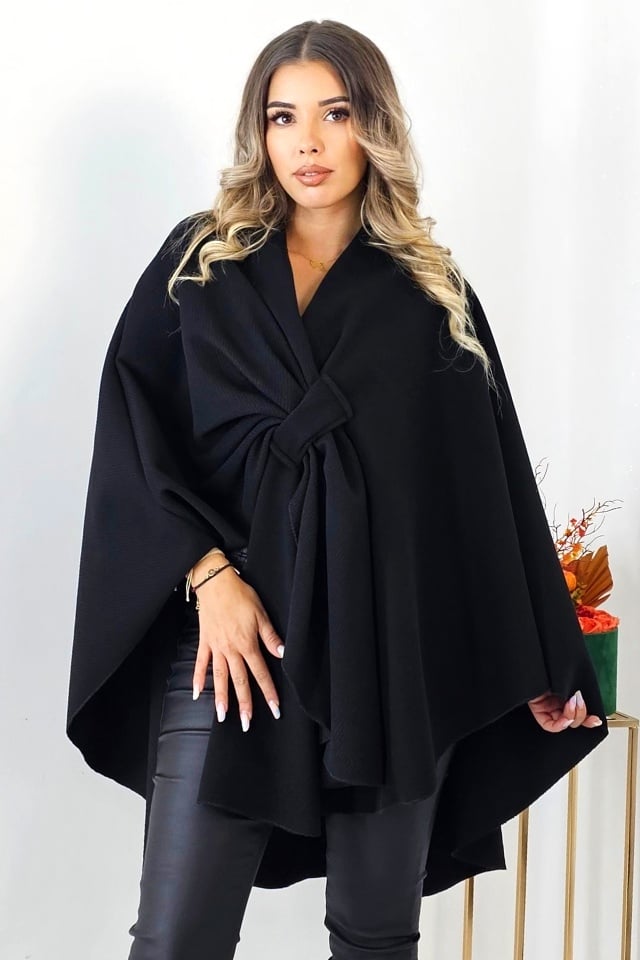 Jacheta dama tip poncho BelaRina, cu funda si croiala oversize, Negru, Marime universala