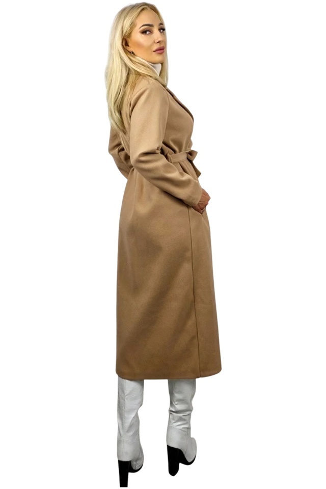 Palton lung Camilla, cu buzunare si cordon in talie, Bej, Marime S/M