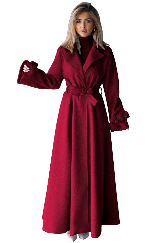 Palton lung cu nasturi Merina, falduri si cordon, Rosu, Marime S/M