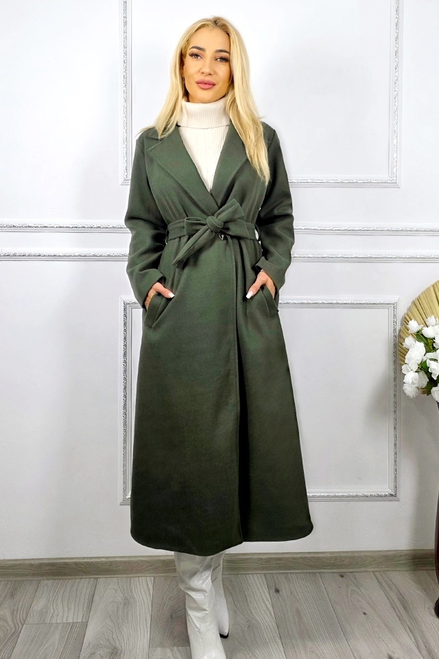 Palton lung de dama Camilla, inchidere cu nasturi si cordon, Verde, Marime S/M - 3 | YEO