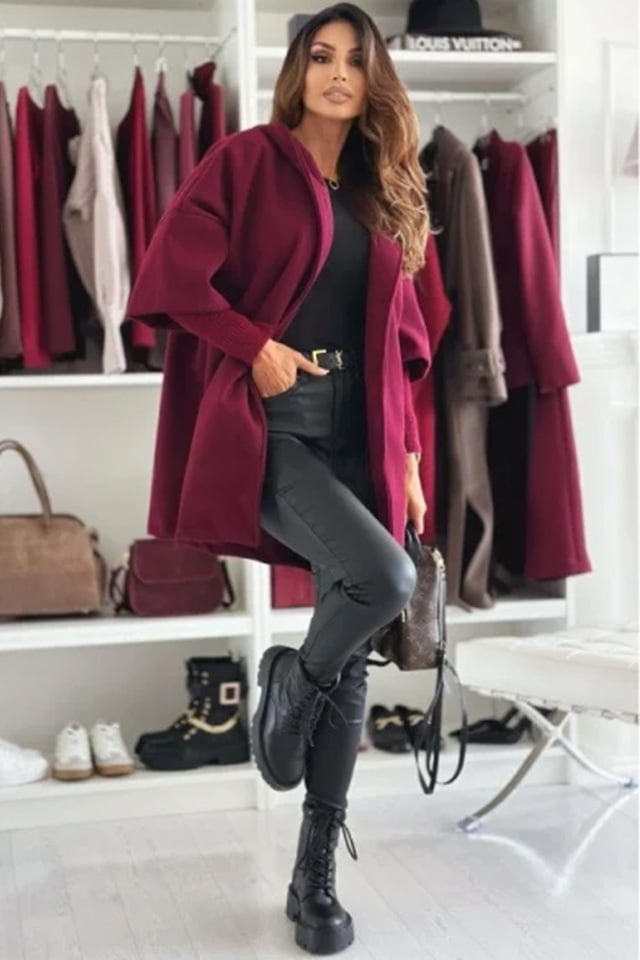 Palton oversize Katiana, maneca cu panou suprapus, tricot si gluga, Bordo, Marime S/M/L - 2 | YEO