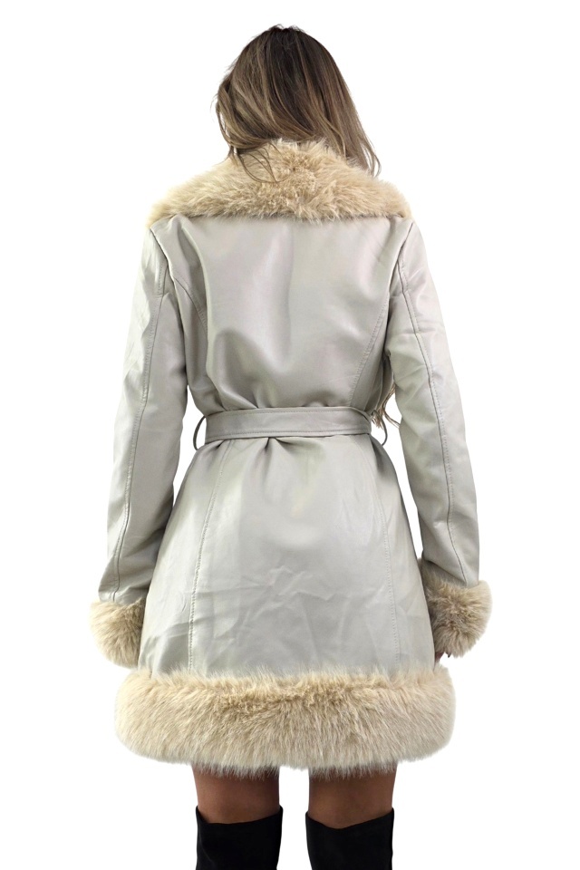 Palton piele ecologica CARMELL, cu cordon si interior imblanit, Crem