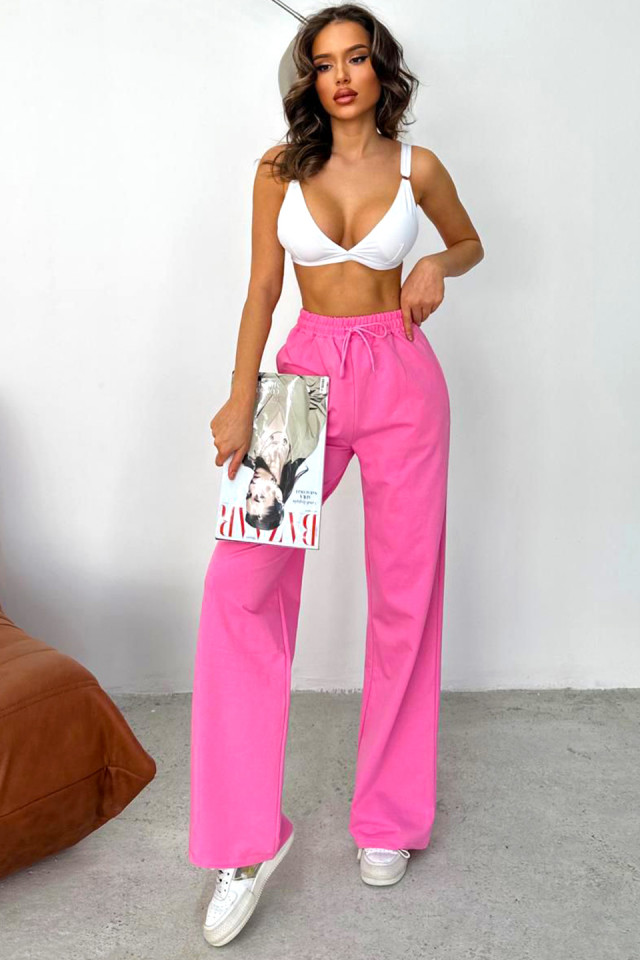 Pantaloni casual HIKE, croiala wide leg si snur in talie, Roz