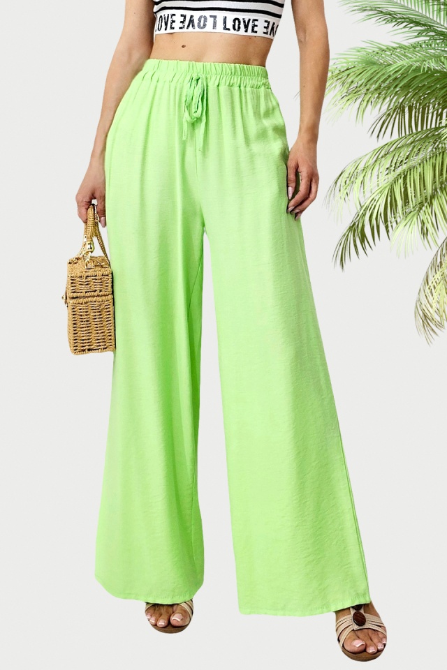 Pantaloni casual LERA, cu snur si croi lejer wide leg, Verde deschis, Marime S/M/L