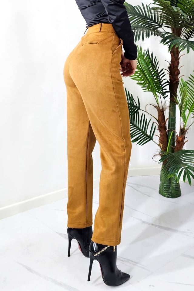 Pantaloni de dama cu aspect de piele intoarsa Silkwood, talie inalta si croi lejer, Maro - 3 | YEO